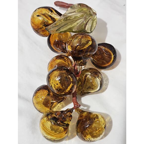 Vintage Handblown Amber Murano Glass Grapes Cluster Leaf MCM Decorative Glass - Picture 2 of 14